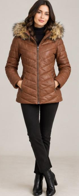 Women’s Cognac Sheepskin Leather Padded Coat | New York Skin