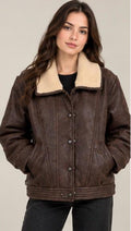 Women’s Brown Leather Jacket with Cream Collar | New York Skin