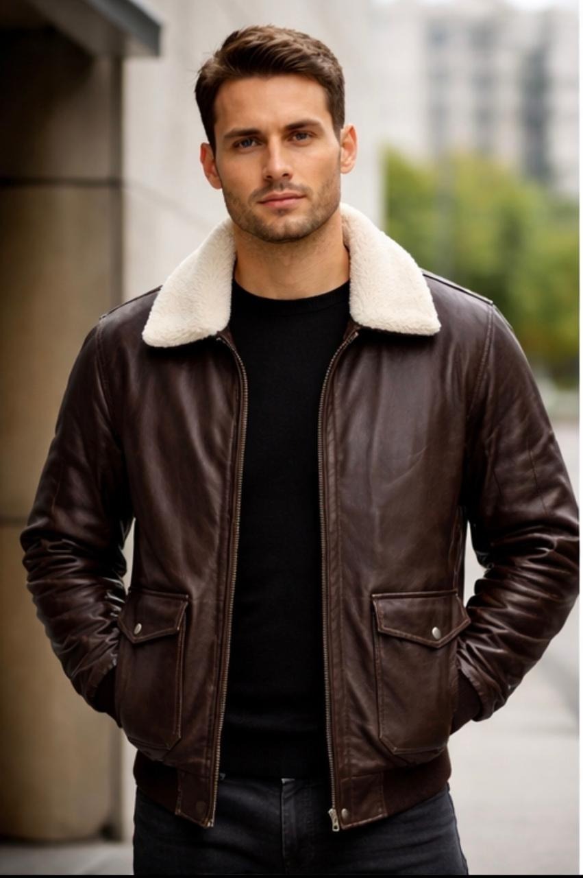 Men's Dark Brown Sheepskin Leather Bomber Jacket – Faux Fur Lined