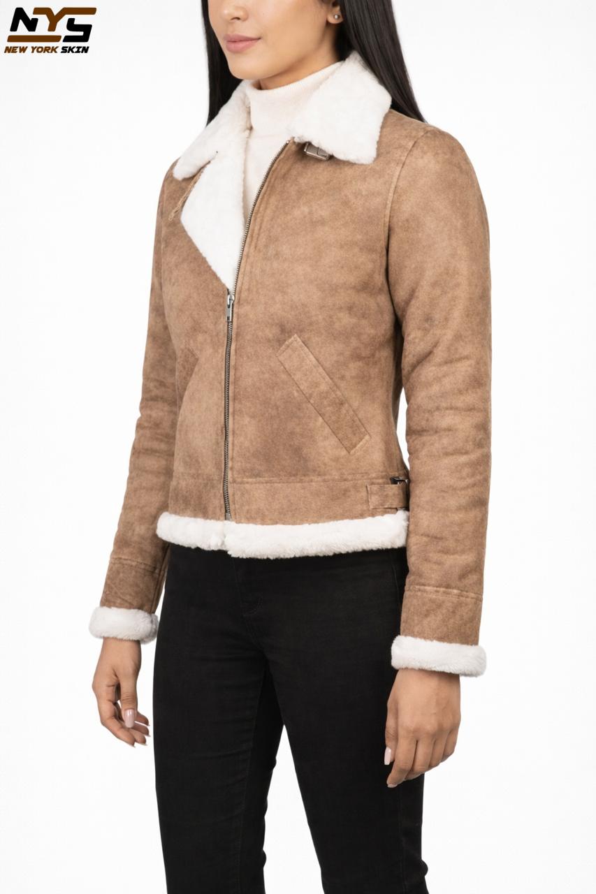 Distressed Brown Sheepskin Bomber Jacket: Faux Fur Collar