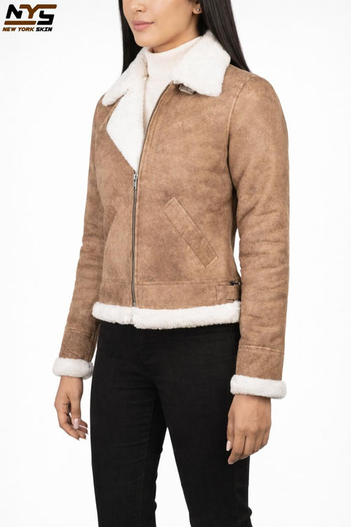 Distressed Brown Sheepskin Bomber Jacket: Faux Fur Collar