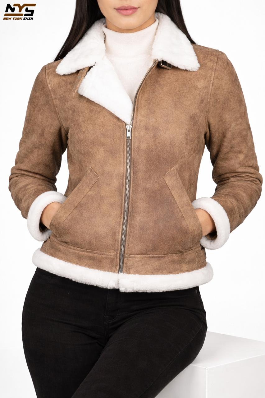 Distressed Brown Sheepskin Bomber Jacket: Faux Fur Collar