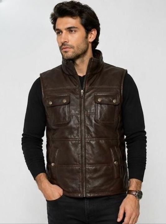 Brown Quilted Sheepskin Leather Vest: Men's Stand Collar Zip Front