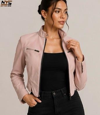 Handmade Lambskin Leather Motorcycle Jacket - Women's Pink Moto Jacket