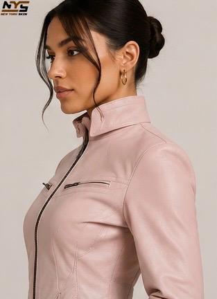 Handmade Lambskin Leather Motorcycle Jacket - Women's Pink Moto Jacket