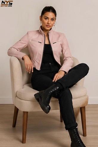 Handmade Lambskin Leather Motorcycle Jacket - Women's Pink Moto Jacket