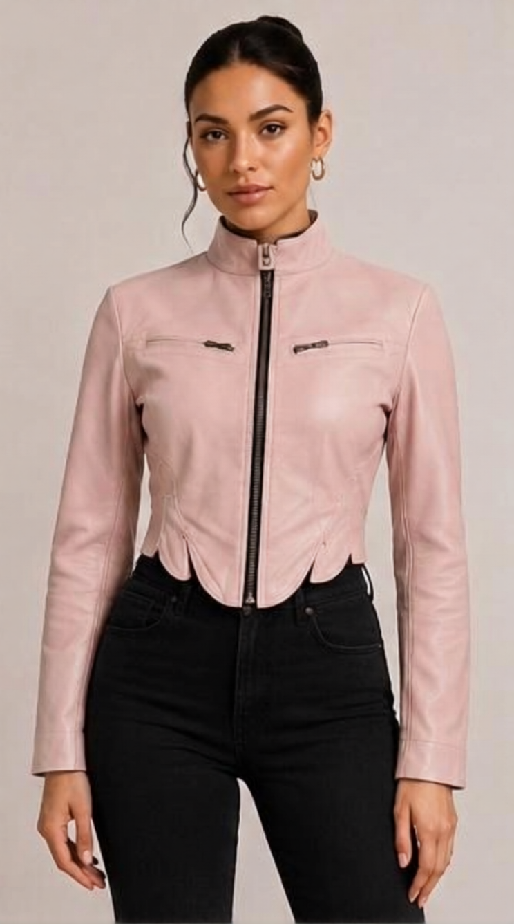 Handmade Lambskin Leather Motorcycle Jacket - Women's Pink Moto Jacket