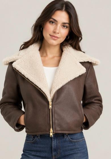 Chocolate Brown Sheepskin Leather Biker Jacket - Lapel Collar