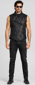 Men’s Black Sheepskin Leather Biker Vest with Asymmetrical Zip & Lapel Collar