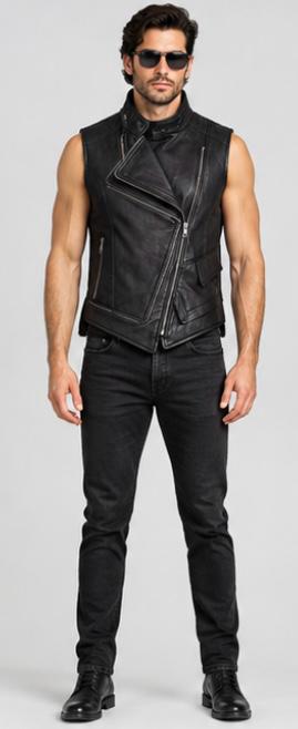 Men’s Black Sheepskin Leather Biker Vest with Asymmetrical Zip & Lapel Collar