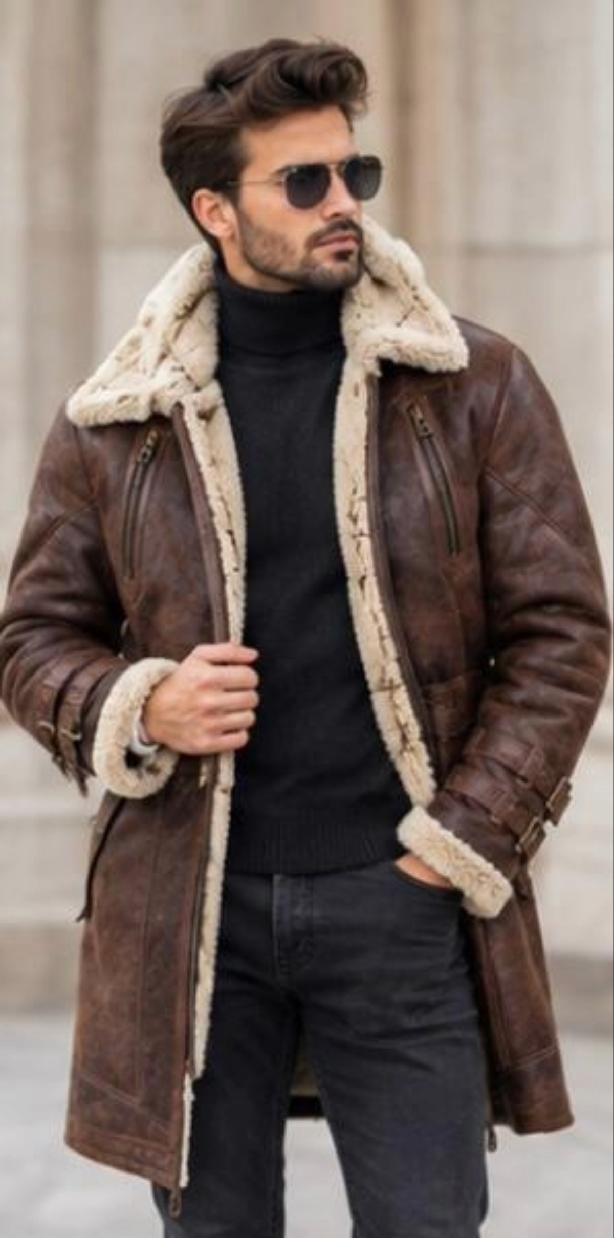 Shearling Sheepskin Leather Coat: Men's Brown Fur Lined Coat