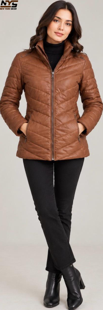 Women’s Cognac Sheepskin Leather Padded Coat | New York Skin