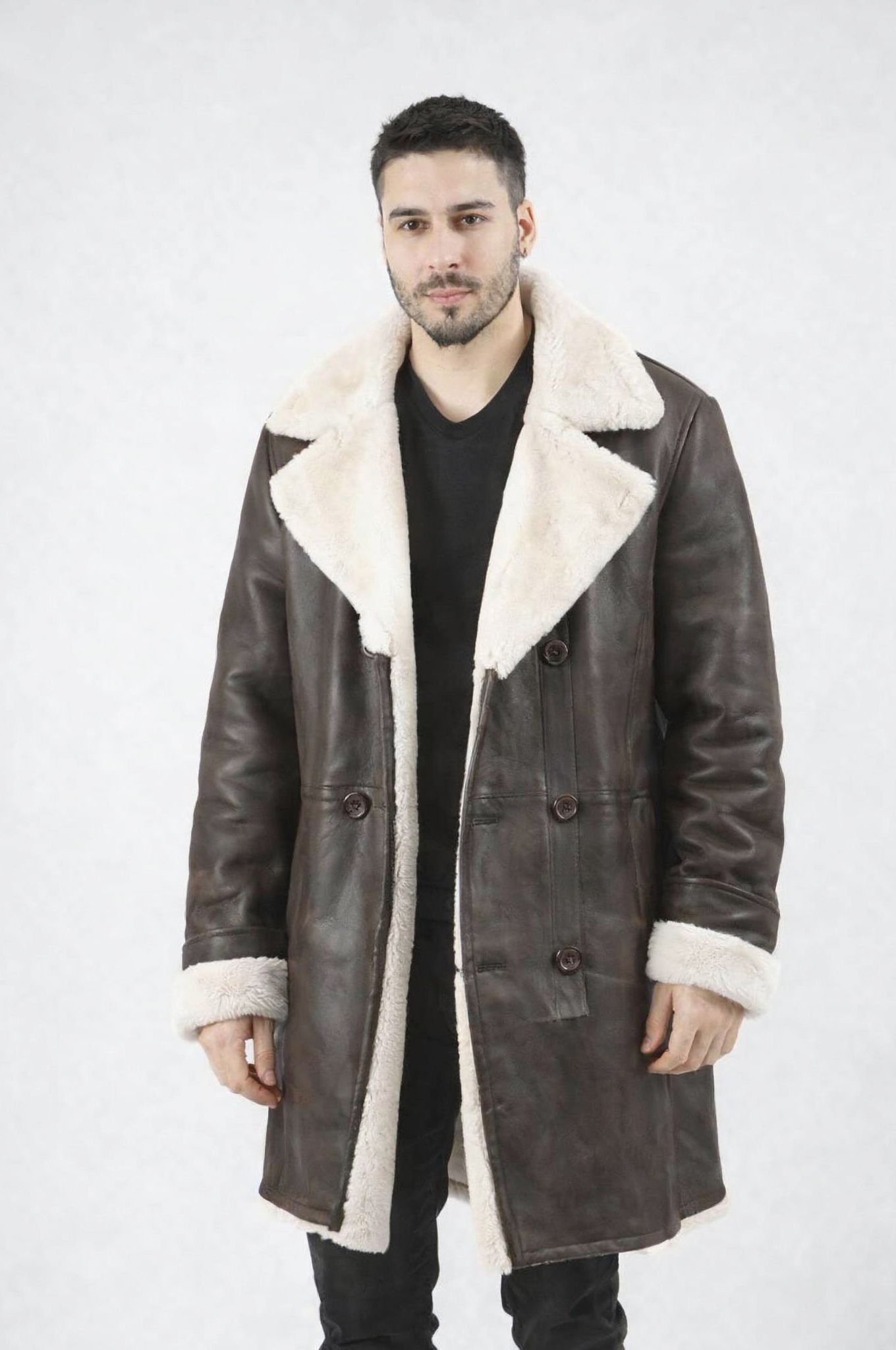 Dark Chocolate Shearling Leather Coat: Handmade Sheepskin Fur Collar