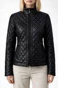 Women's Black Quilted Sheepskin Leather Jacket – Semi-Aniline Finish