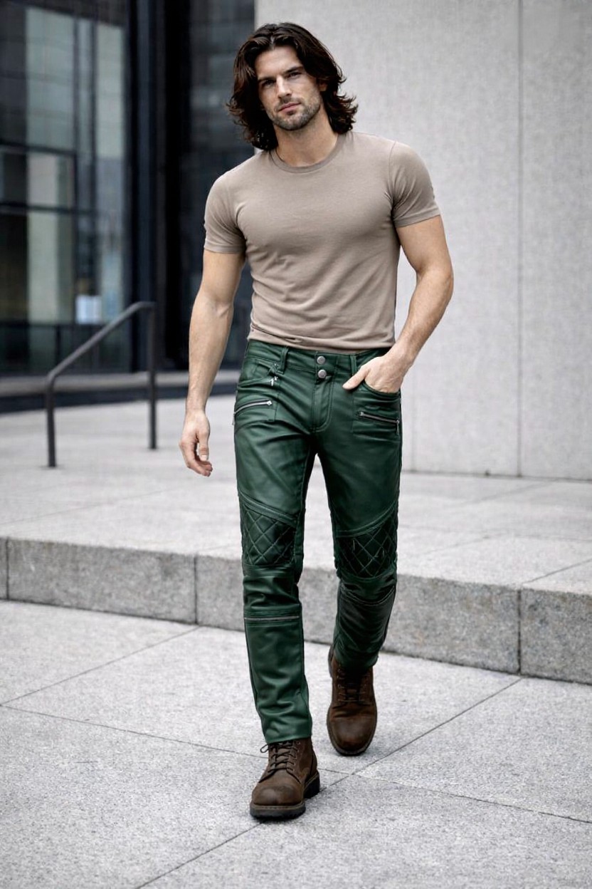 Men's Green Lambskin Leather Pants – Slim Fit Biker Trousers