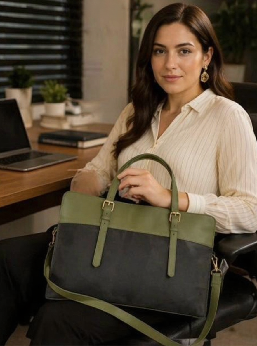 Olive Green Sheepskin Leather Laptop Bag – 15.5-Inch Case