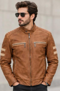 Men’s Tan Sheepskin Leather Jacket with Stud Collar & Gunmetal Zips