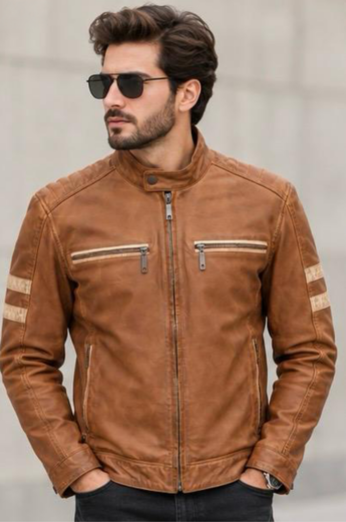 Men’s Tan Sheepskin Leather Jacket with Stud Collar & Gunmetal Zips
