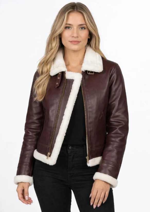 Maroon Sheepskin Leather Bomber Jacket: Faux Fur Lined