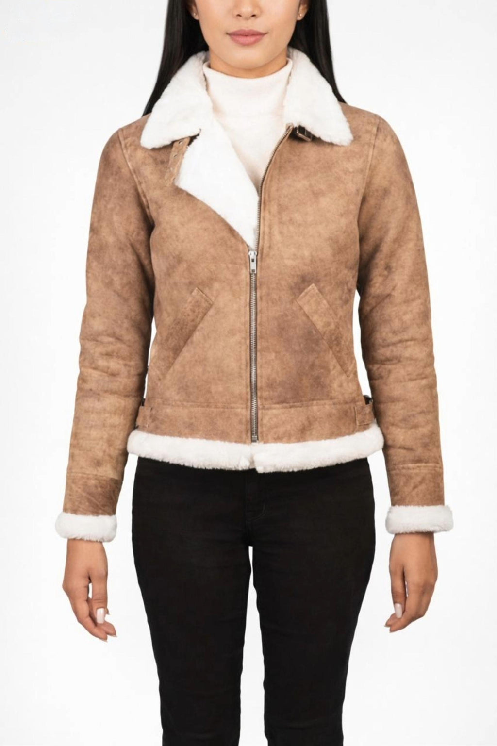 Distressed Brown Sheepskin Bomber Jacket: Faux Fur Collar